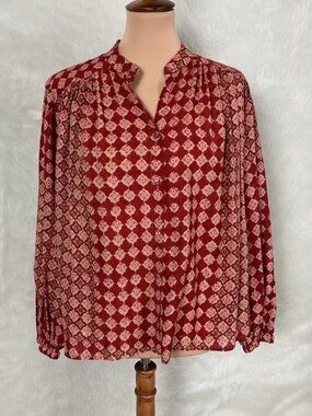Umber & Ochre Madder Red Geometric Handwoven Cotton Long Sleeve Sabrina Blouse M